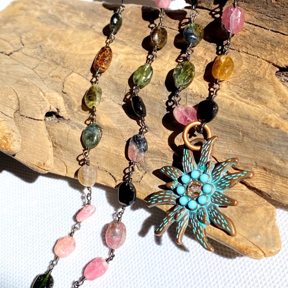 Genuine Multicolor Tourmaline Gemstone Turquoise Sun Necklace - Picture 6 of 8